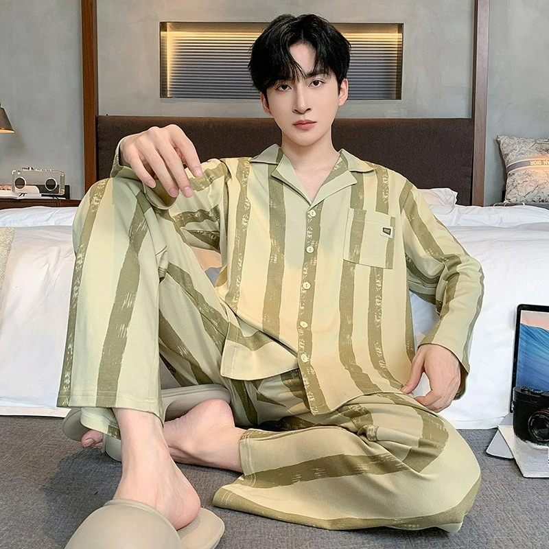 High-end Pajamas Men's Spring Autumn Cardigan Long-sleeved Trousers Large Size Can Be Worn Outside Casual Youth Loungewear Suit