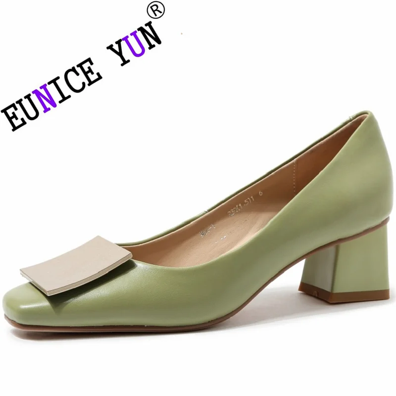 

【EUNICE YUN】NEW Spring Autumn Genuine Leather Shoes Square Toe Chunky Heel Loafers Solid Women Pumps High Heels Simple Ladies