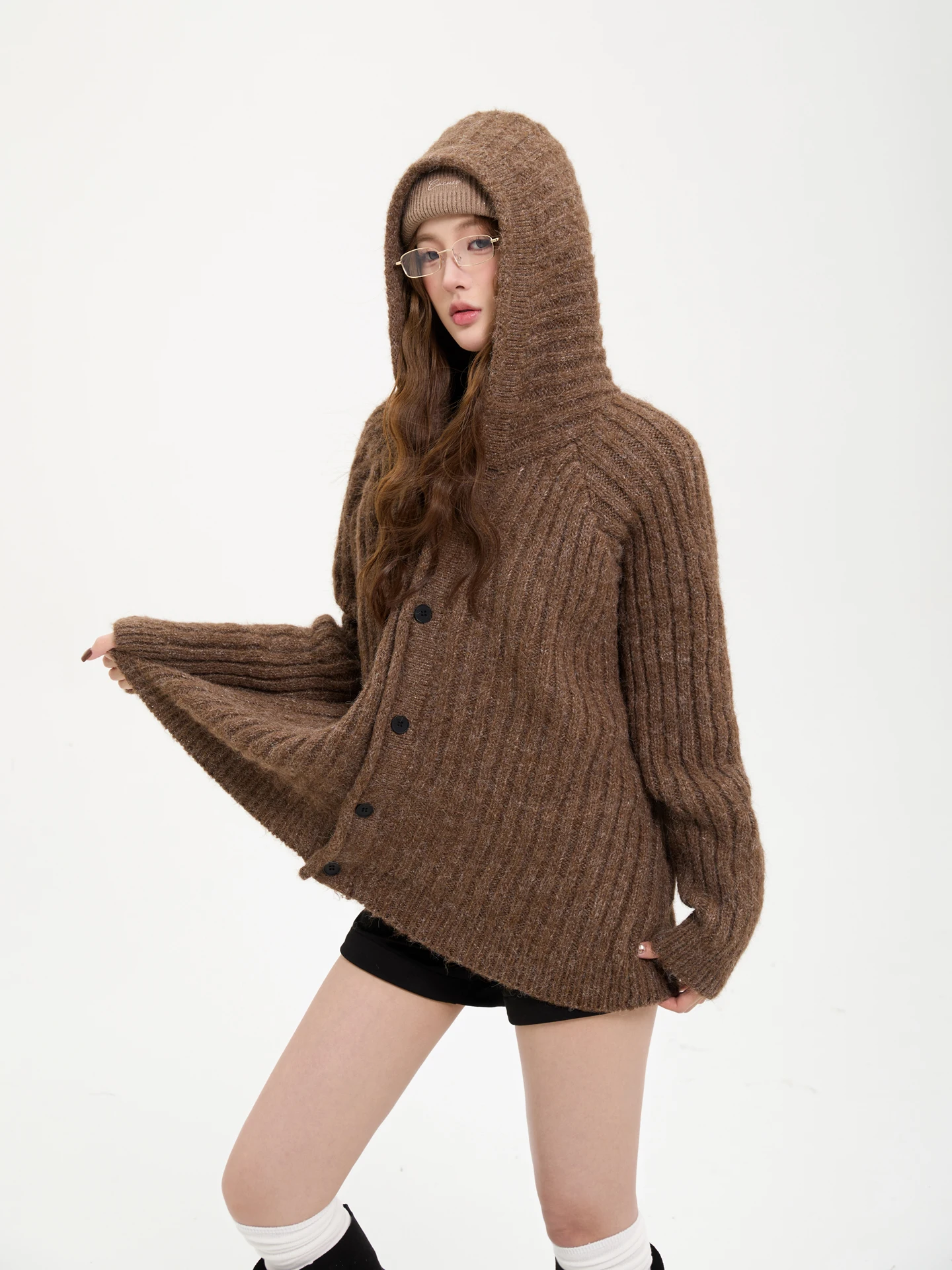 

7KEEWEN Autumn Winter American Retro Lazy Sle Loose Casual Hooded Knitted Cardigan Sweater Jaet Women's Street Sle Loos...