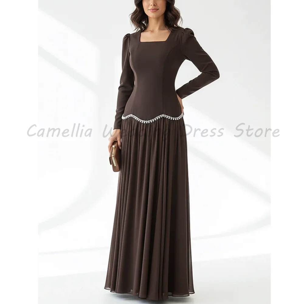 

Brown Square Neck Long Sleeve Evening Gown Rhinestone Scalloped Waist Chiffon A-Line Modest Formal Maxi Dress