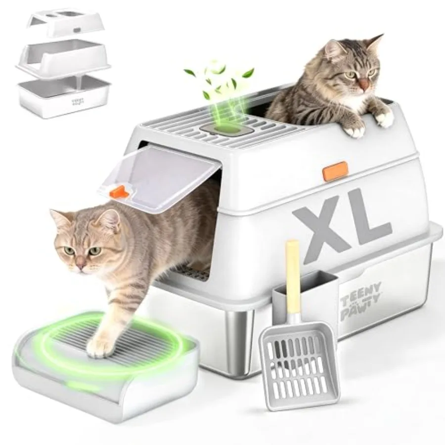 

XL Stainless Steel Cat Litter Box with Enclosure and Pooper Scooper - Durable Metal Litter Box for Big Cats, High Sides for Ant