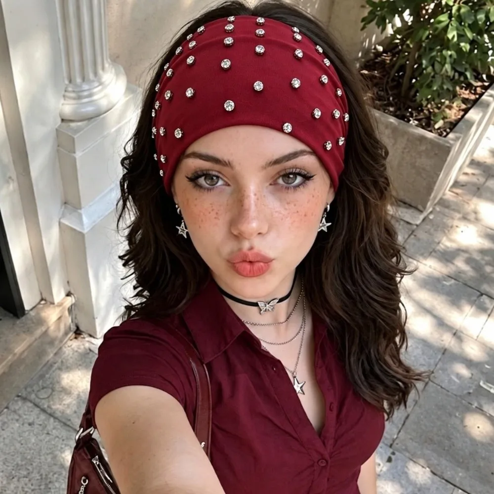 Stylish Rhinestone Studded Headband Wide Soft Elastic Sports Headband Anti-slip Sweat-absorbent Makeup Hairband Hair Accessories