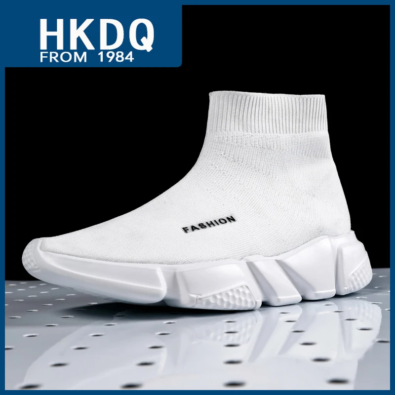 HKDQ Fashion White Lightweight Sock Shoes Men Classic Casual Breathable Mesh Sneakers Women Outdoor High Top Men\'s Platform Shoe