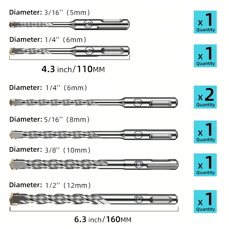 7pcs SDS-plus Drill Bit Set, Carbide Tip, SDS+ Rotary Hammer Drill Bit Set With Storage Case For BRICK, CEMENT, STONE & CONCRETE