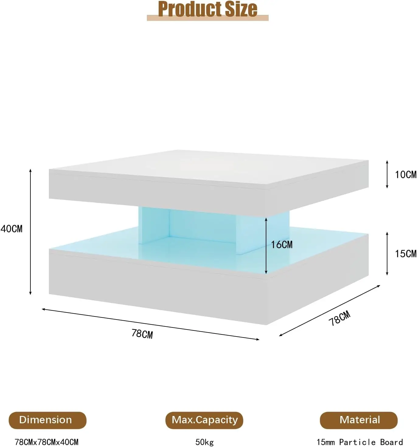 طاولة قهوة LED بيضاء لغرفة المعيشة، طاولة مركزية مربعة من طبقتين، طاولة غرفة المعيشة، قهوة خشبية عصرية عالية اللمعان