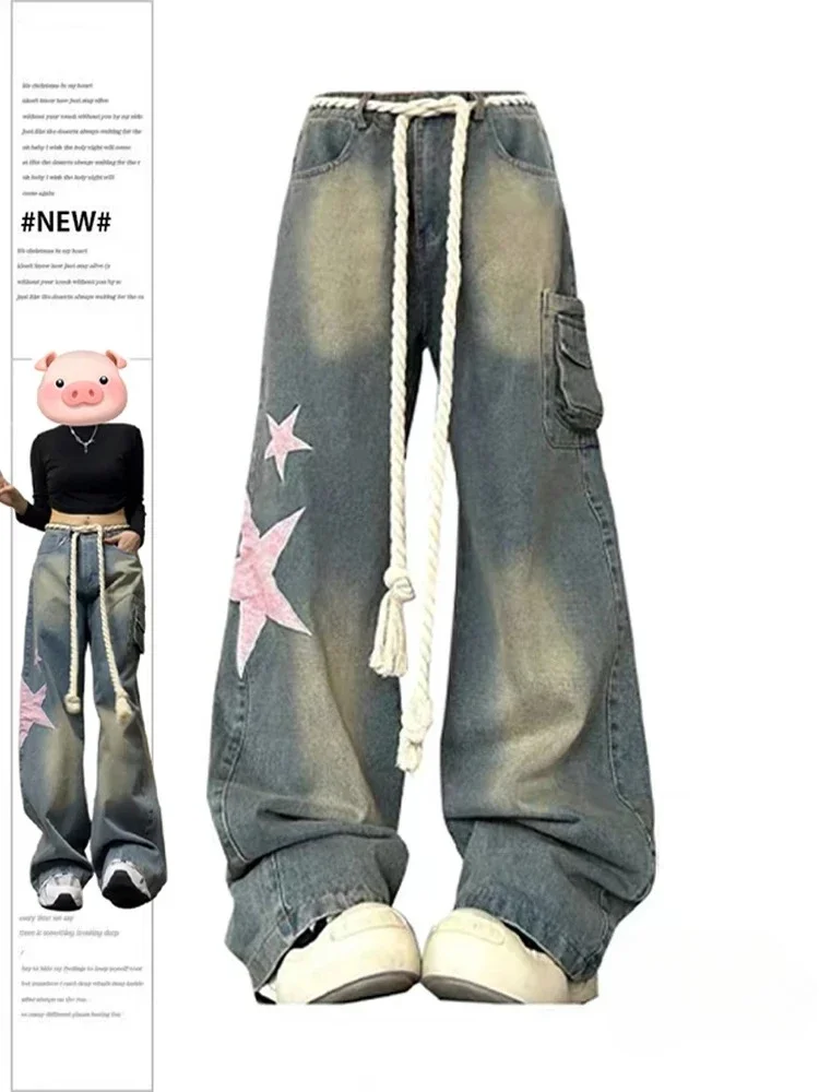

Новинка 2025, синие мешковатые женские джинсы, винтажные джинсовые брюки в стиле Харадзюку, большие размеры, с высокой талией, женские эстетические широкие джинсовые брюки Y2K