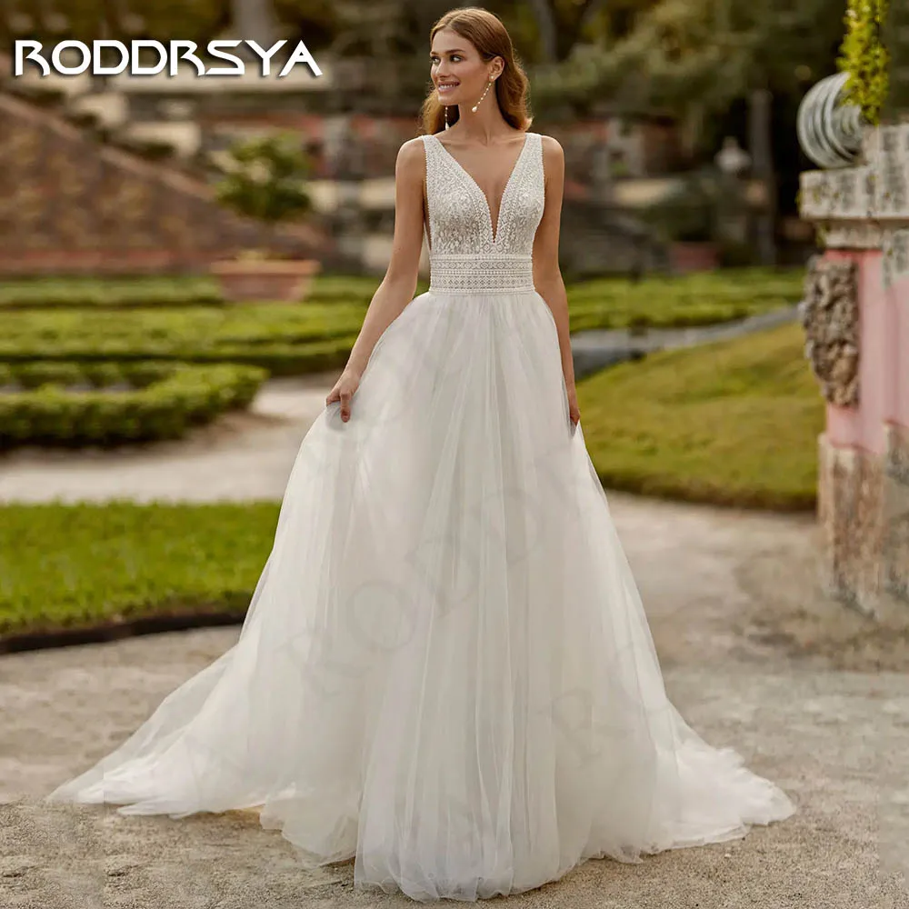 RODDRSYA A Linha Vestido De Noiva Boho Elegante Sem Mangas Lace Backless Tulle Vestidos De Noiva Apliques Mulheres vestido de novias 2024 Vestido de noiva em linha Boho  Elegant Sleeveless Lace Backless Tulle Bridal Dr