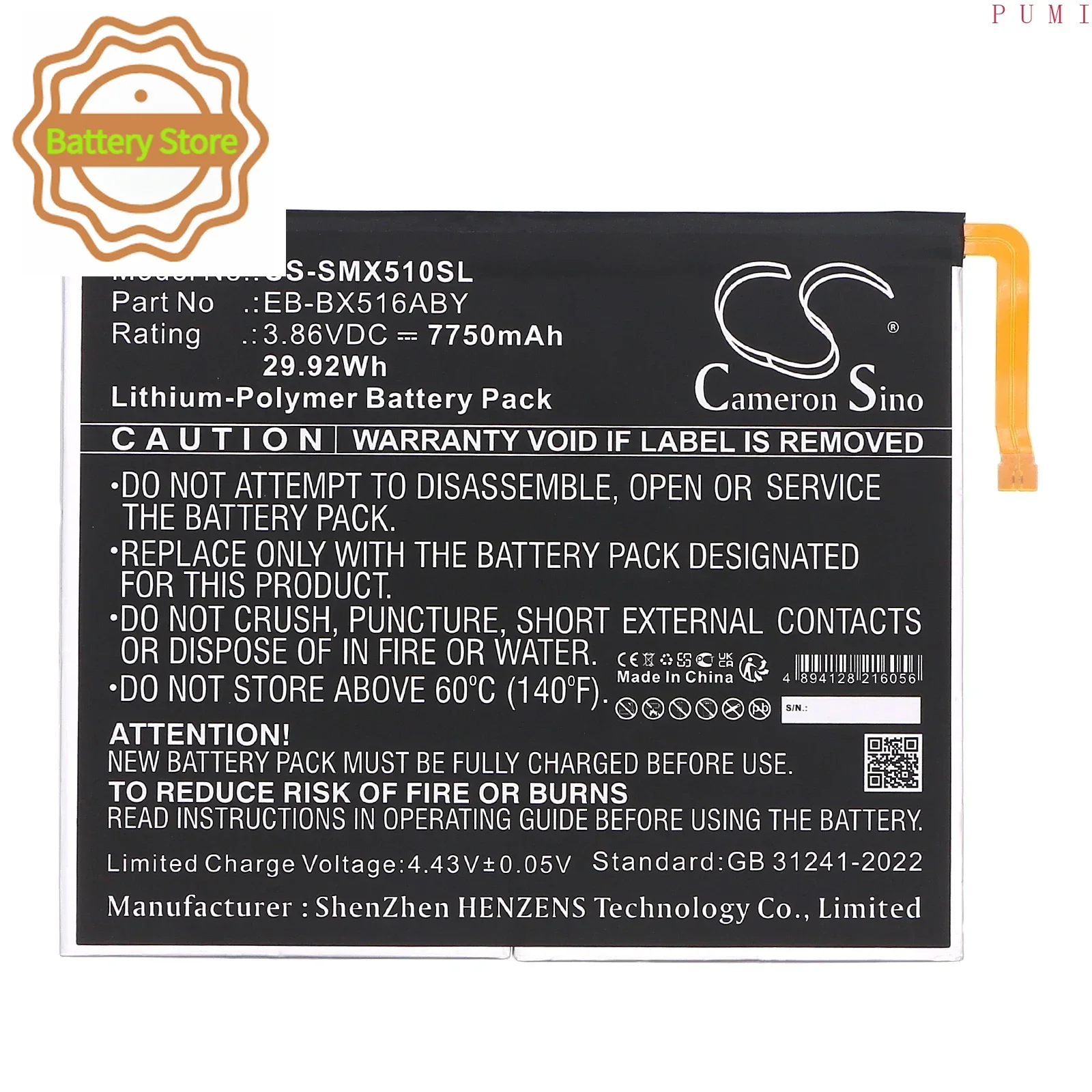 CS Replacement Battery for Samsung Galaxy Tab S9 FE,SM-X510,SM-X510N,SM-X516,SM-X516B,SM-X51 PN:EB-BX516ABY 7750mAh / 29.92Wh