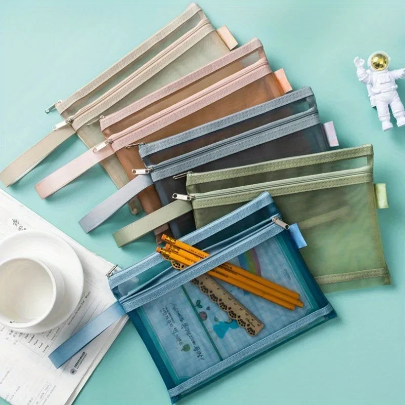 A4/A5 Morandi Double-layer Transparent Nylon Mesh Student Test Paper Classification Material Storage Bag,file Bag,pen Bag