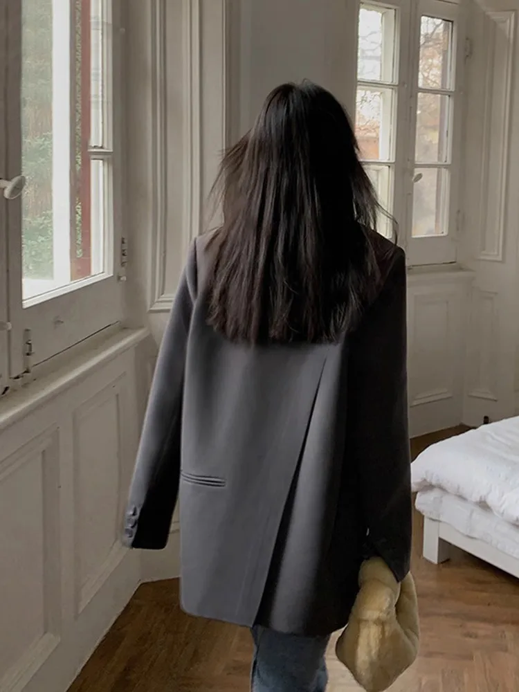 Długi garnitur damski, koreański styl, ekskluzywny design, wiosna-jesień, nowa moda, dopasowany krój, elegancki, z rozcięciem.