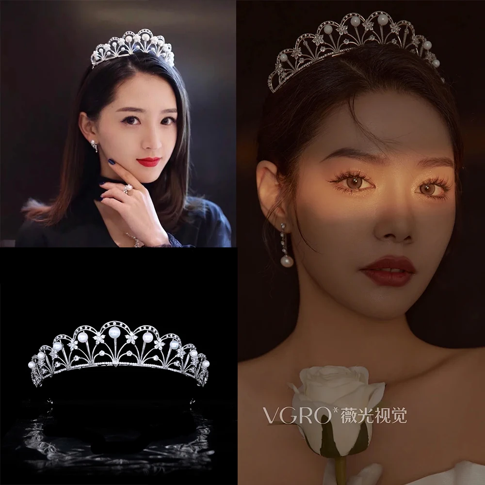 

Himstory High-end Pearl French Light Luxury Hair Crown Bride Wedding Dress Birthday Headdress Jewelries Accessories
