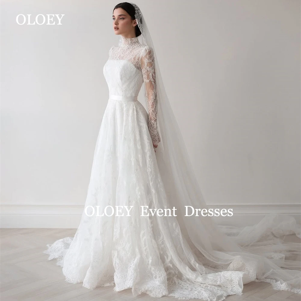 OLOEY Luxury Full Lace A Line Wedding Dresses High Neck Floor Length Muslim Bridal Gowns Customized Zipper Back Full Sleeves