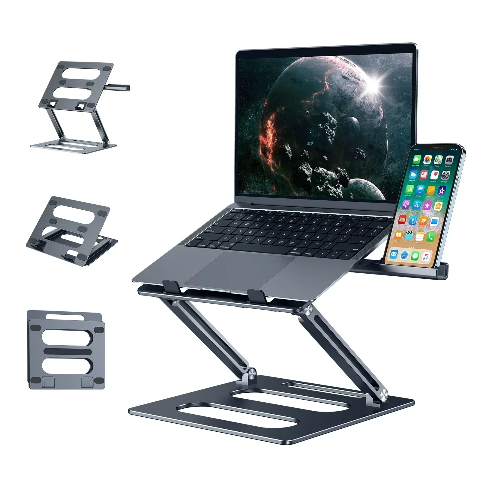 Oatsbasf Aluminum Metal Laptop Stand Ergonomic Foldable Height Adjustable with Phone Holder Cooling Computer Base Desk Holder