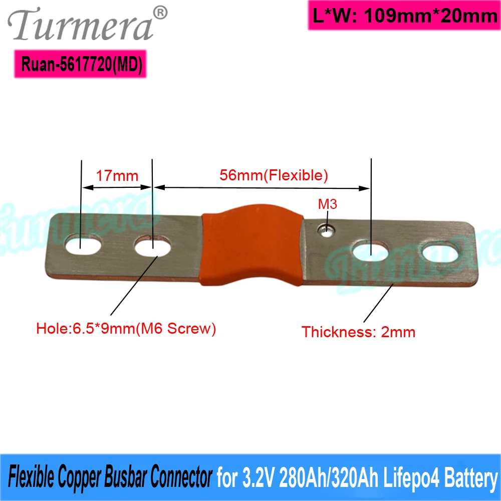 Turmera 12V Busbar Lifepo4 Batterij Flexibele Koperen Connector 56mm 74mm 2mm 300A voor 3.2V 280Ah 320Ah 340Ah Lifepo4 Batterij Gebruik