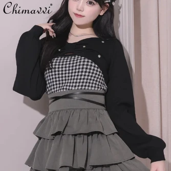 

Japanese Mass-produced Sweet Soft Sister Plaid Bow Knitted Sweater Sweater Suspender Kawaii Two-piece Set 2025 Autumn New