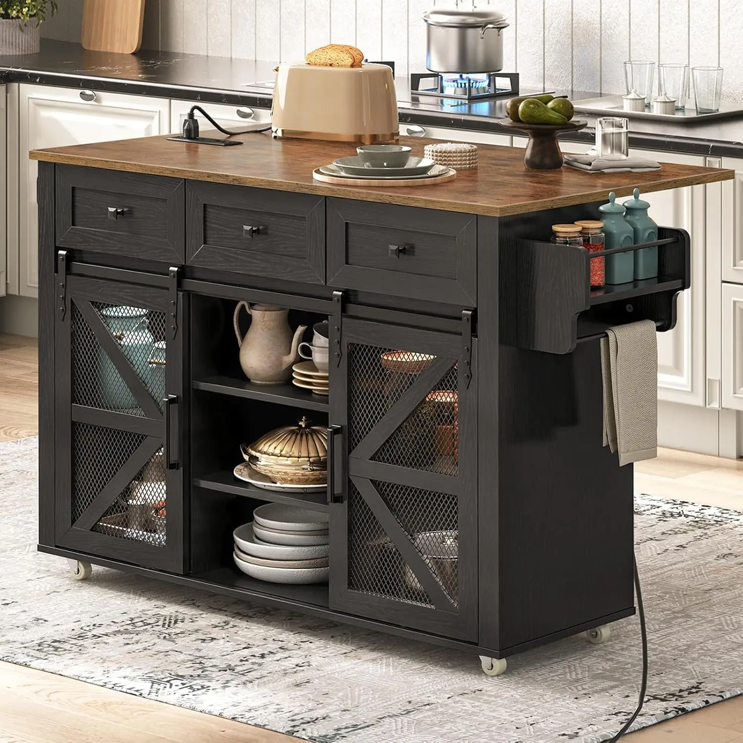 Kitchen Island with Storage, Kitchen Cart with Charging Station, Rolling Kitchen Island Table Black and Rustic Brown