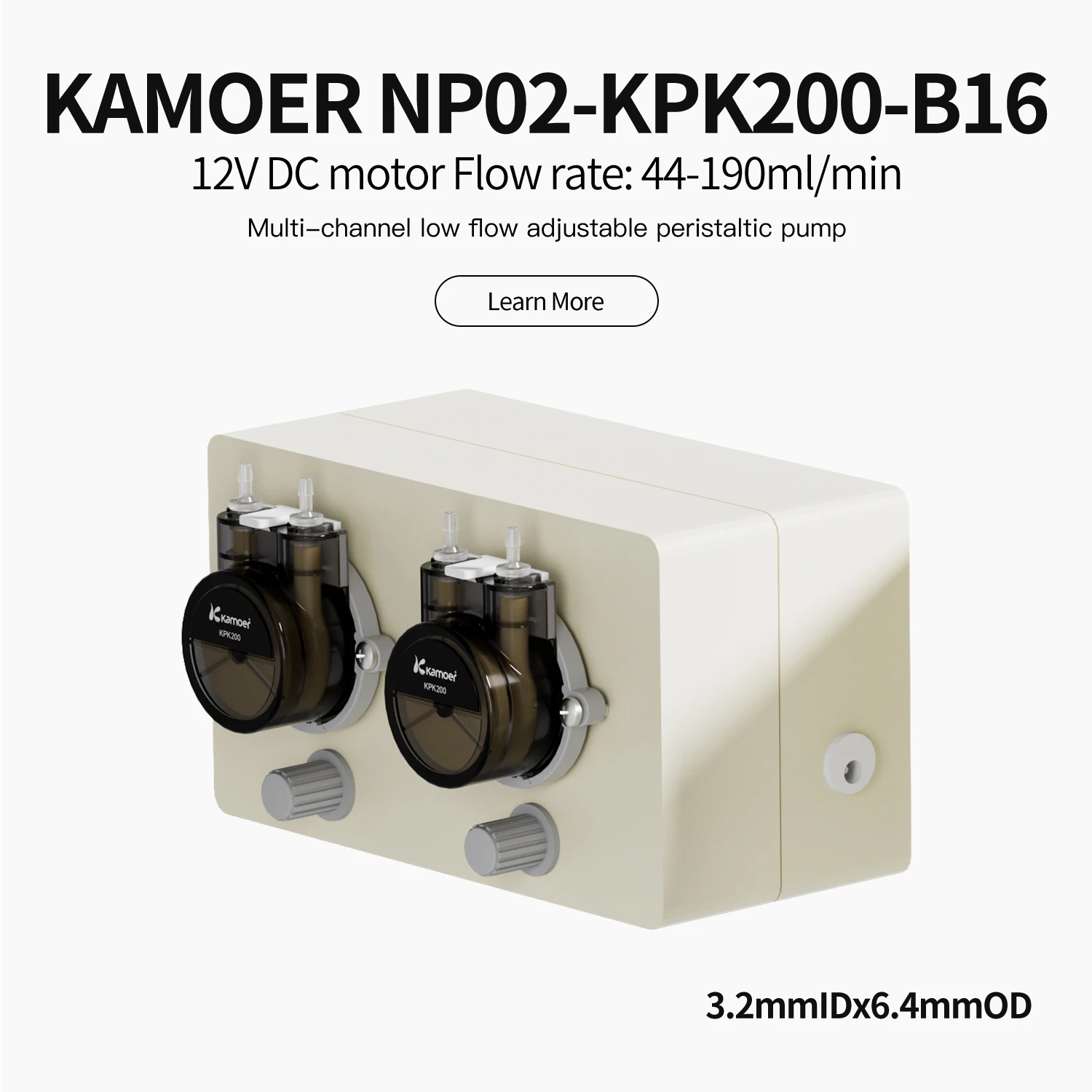 Kamoer NP02-B16 Multi-Head Peristaltic Pump 44ml~190ml/min 12V DC Motor Adjustable Dosing Pump with Double-head for Lab(3.2x6.4)