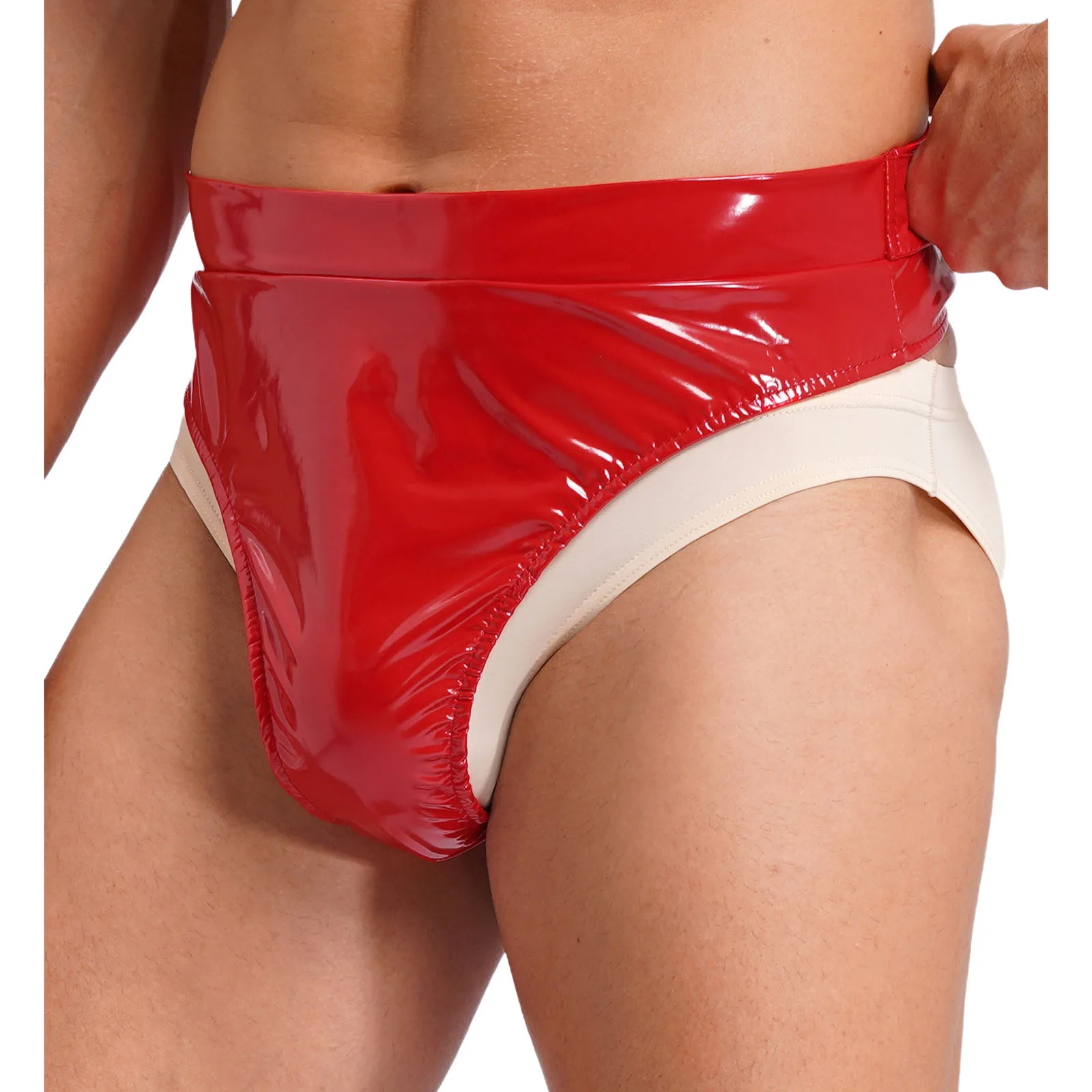 

Men Latex High Waist Thongs Wet Look Briefs Patent Leather Underwear Back Adjustable Buckle Belted Panties Night Clubwear