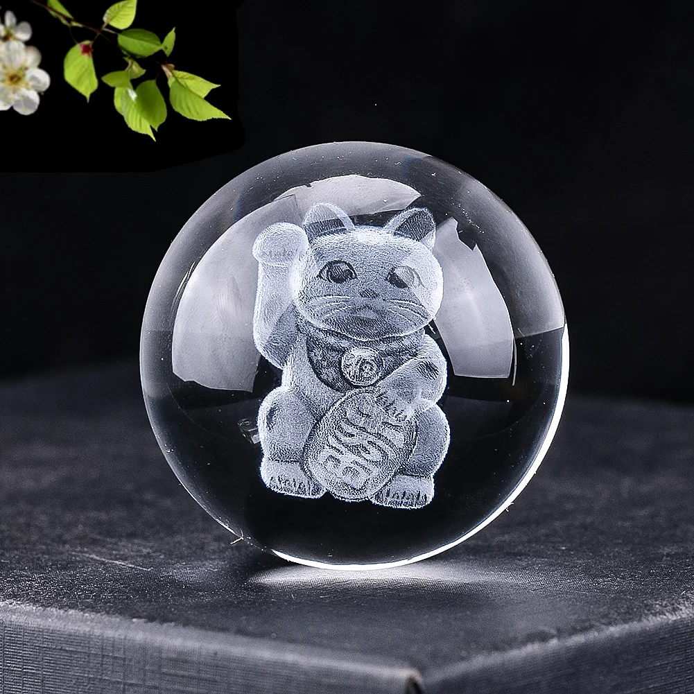 50mm Laser Engraving Lucky Cat Maneki Neko Clear Crystal Ball Prism Glass Charms Sun Catcher Fortune Mascot Ornament Desk Decor