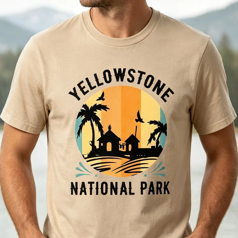 Yellowstone National Park Vintage  T Shirt Sunset Cabin Palm Tree Retro Travel Print Tee Cotton Short Sleeve Streetwear Unisex
