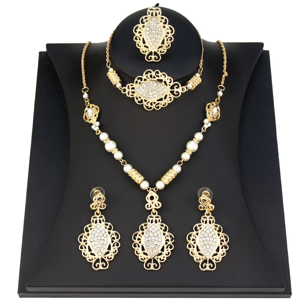 Neovisson Luxuriant Gold Color Bride Jewelry Sets Morocco Women Drop Earring Link Bracelet Beads Necklace Ring Fashion Jewelry