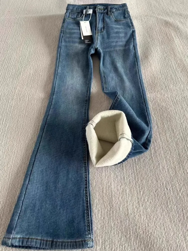 

Retro Fce Lined Bootcut Jeans High Waist Slimming High Rise Loose Fit Warm Winter Blue Denim Women's Premium Faion