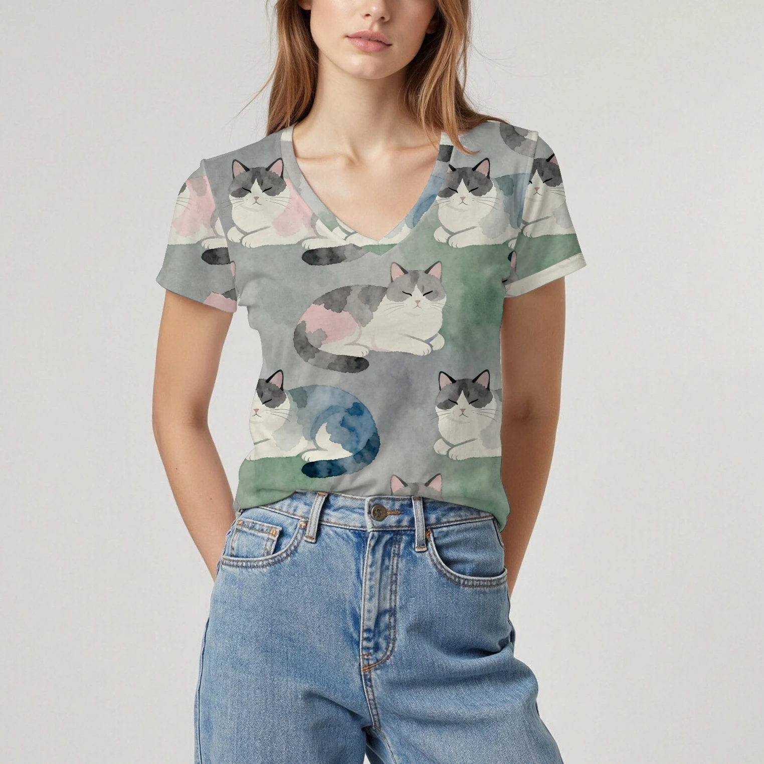 Sommer Damen neues Kurzarm-T-Shirt mit Katzenmuster, weiche Textur, bequem, atmungsaktiv, Persönlichkeit, täglich