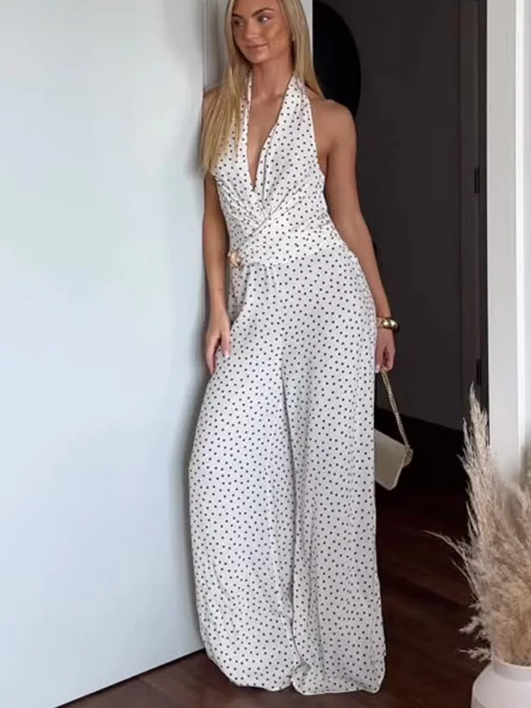 

HH женский летний сексуальный шикарный комбинезон однотонный горошек с v-образным вырезом и открытой спиной, украшенный молнией, женские модные тонкие комбинезоны без рукавов 2025