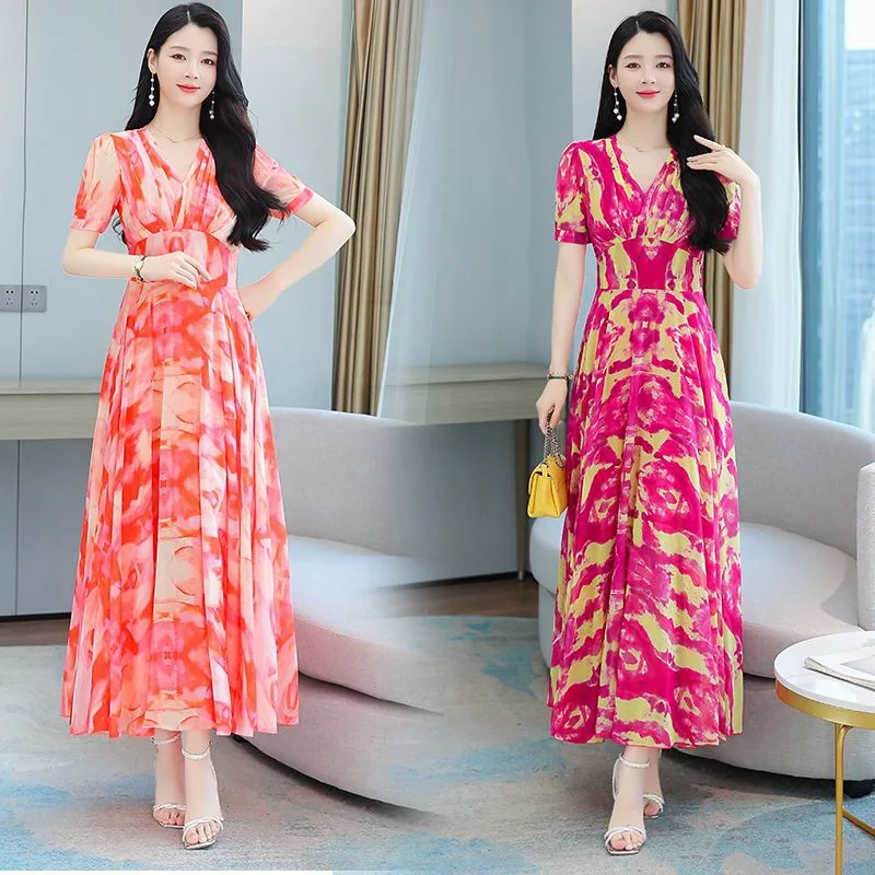 Hot Selling New Fashion Summer Long Dress Printing Chiffon Dress 2023 Bohemian Style V Neck Was Thin Slim Women Dresses