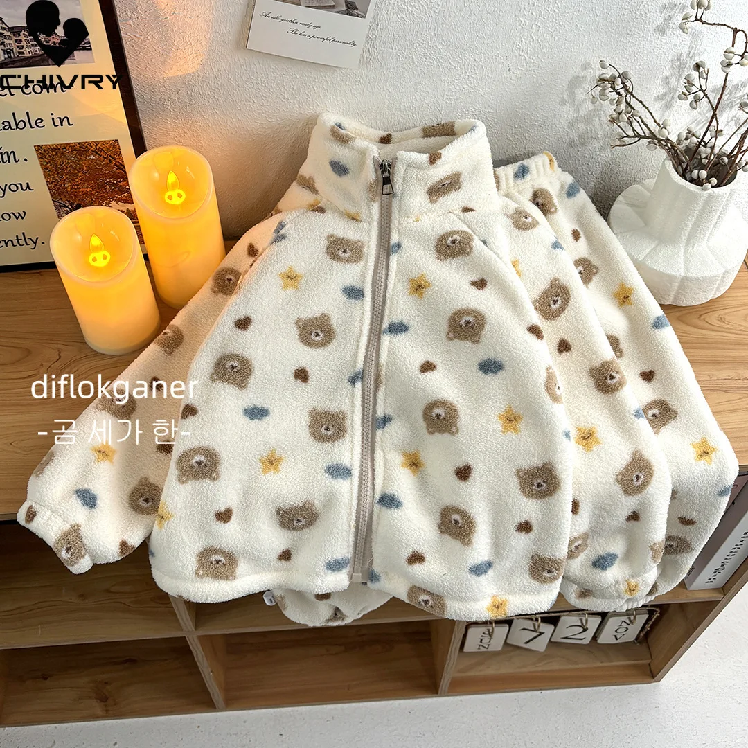 Kids Winter Thicken Warm Soft Flannel Pajamas Sets Baby Cartoon Panda Bear Zipper Coat with Pants Boys Girls Casual Pyjamas