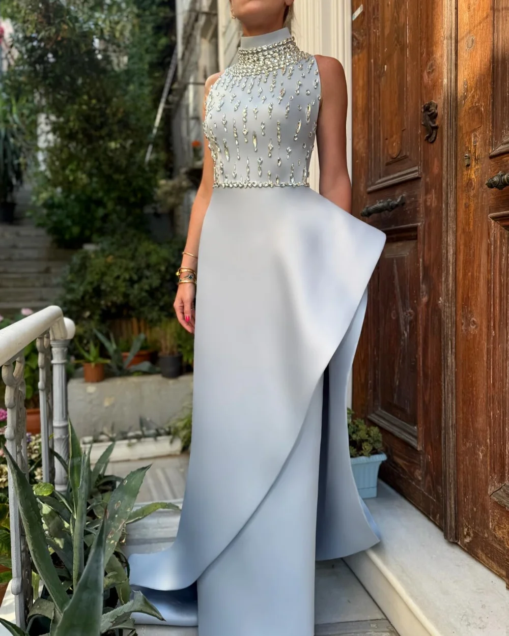 

Customized High Quality Exquisite Charmeuse Rhinestone Ruched Straight High Collar Long Dresses Bespoke Occasion Dresses Formal