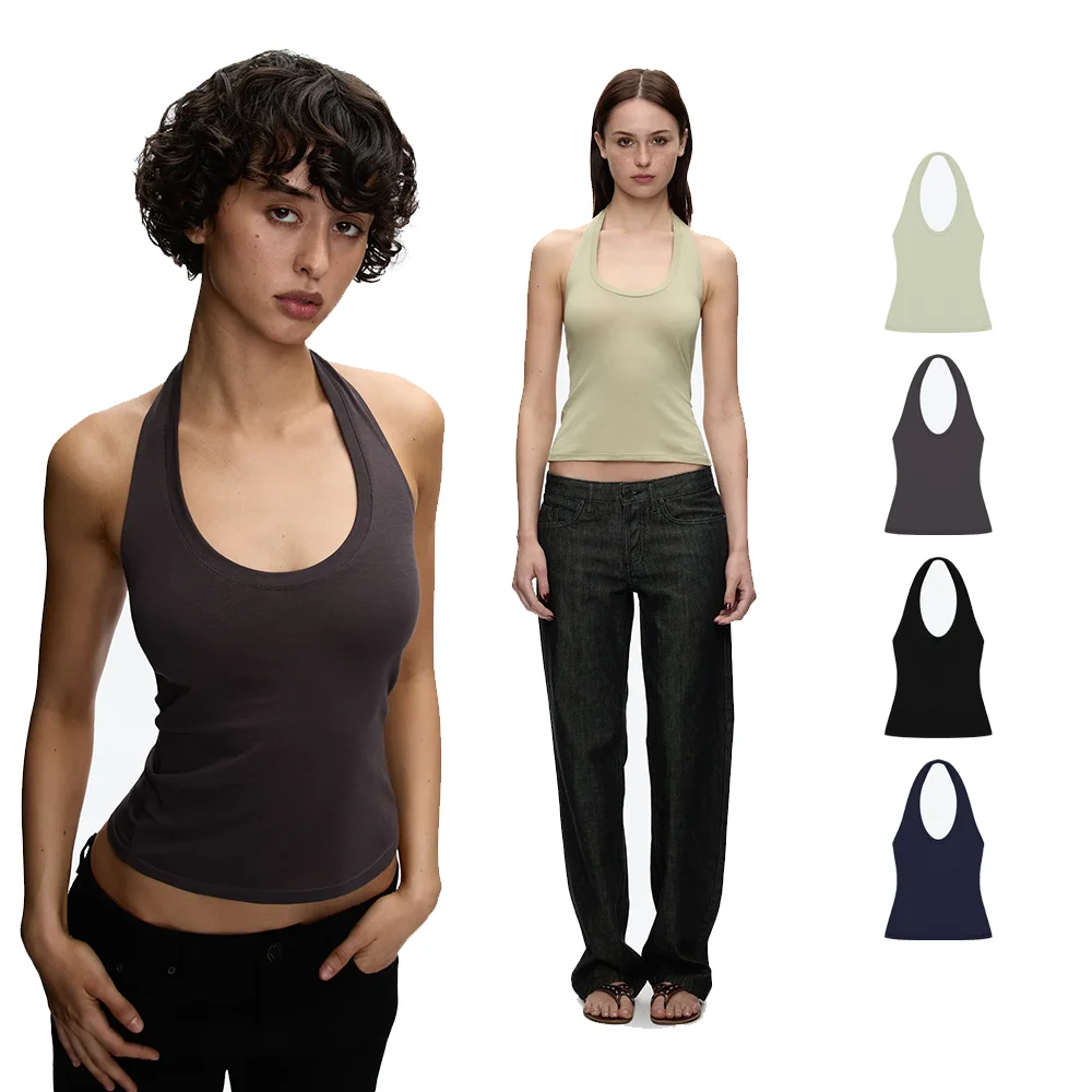 Tank Halter Neck Camisole High Elasticity Slim Fit Backless Top U-Neck Halter Backless Slim Fit Camisole Versatile Outerwear Base Shirt Spicy Girl Style Sleeveless Top