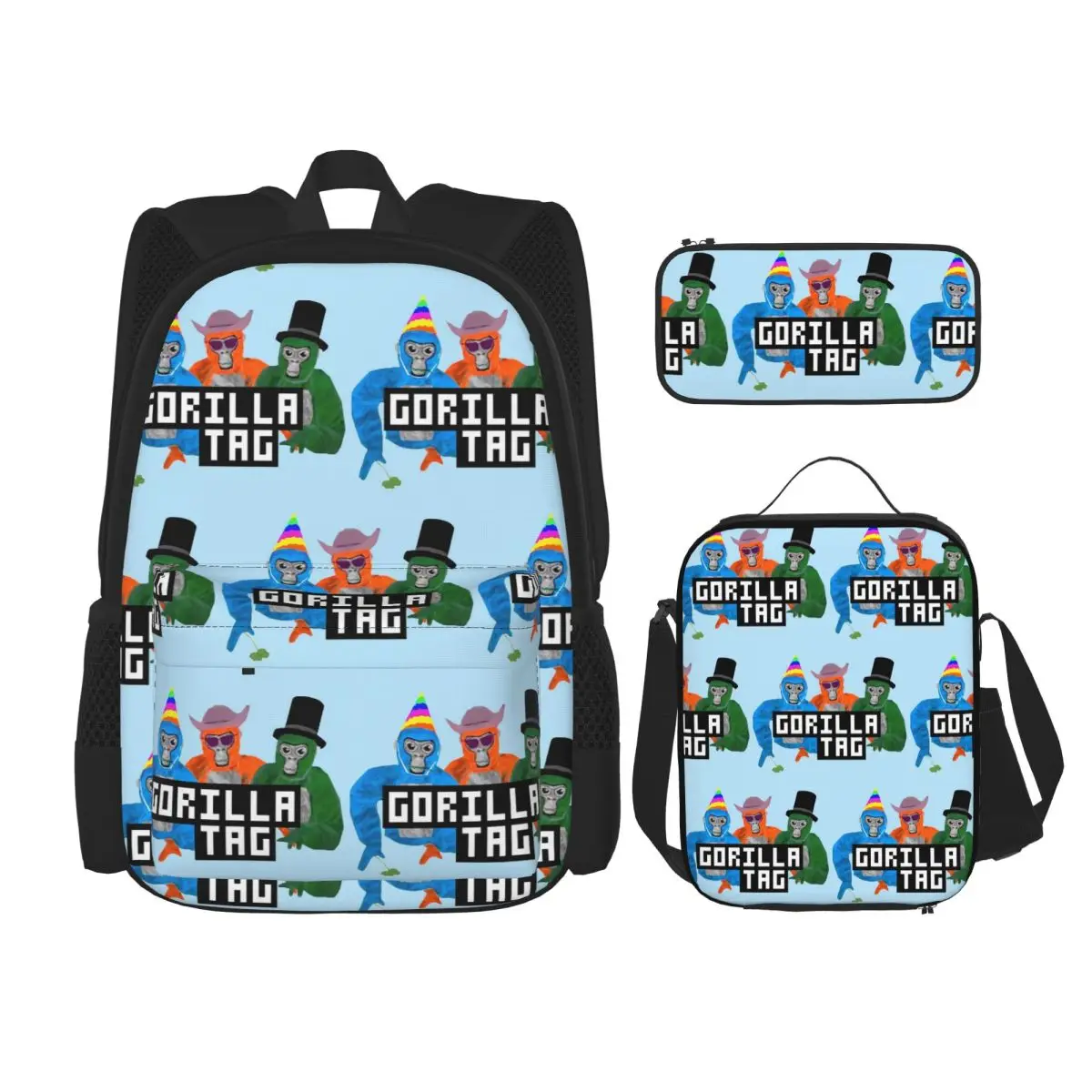 

Gorilla Tag Party Hat Gorilla Tag Merch Backpacks Students Bookbag School Bags Rucksack Lunch Bag Pen Bag Three-Piece Set