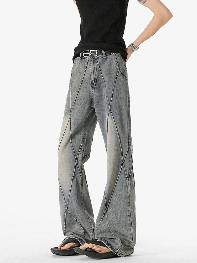 

Retro American Waed Denim Jeans Men's Trendy High Street Vibe Micro Flared Pants Diamond id Splicing Slim Fit Jeans