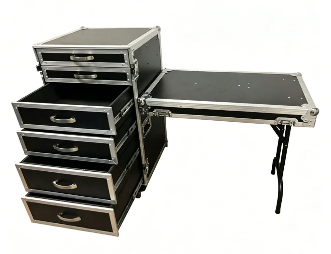 

Professional 6 Drawers Flight Case with Folding Table DJ Workstation Rack Road Box with Wheels for Stage Performance Gear