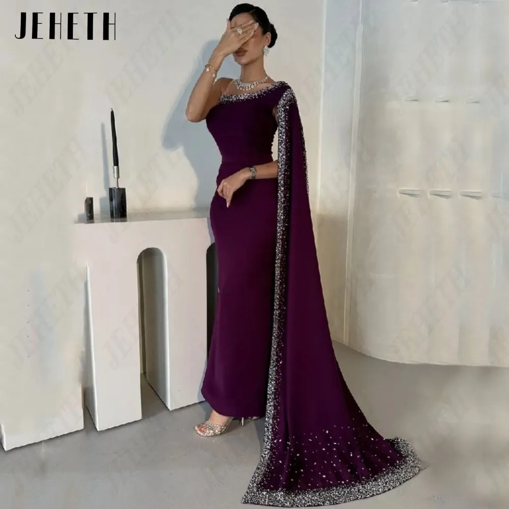 JEHETH Formal Saudi Women Evening Dress One Shoulder With Jacket Mermaid Prom Dresses Crystal Ankle Length Purple Party Gowns