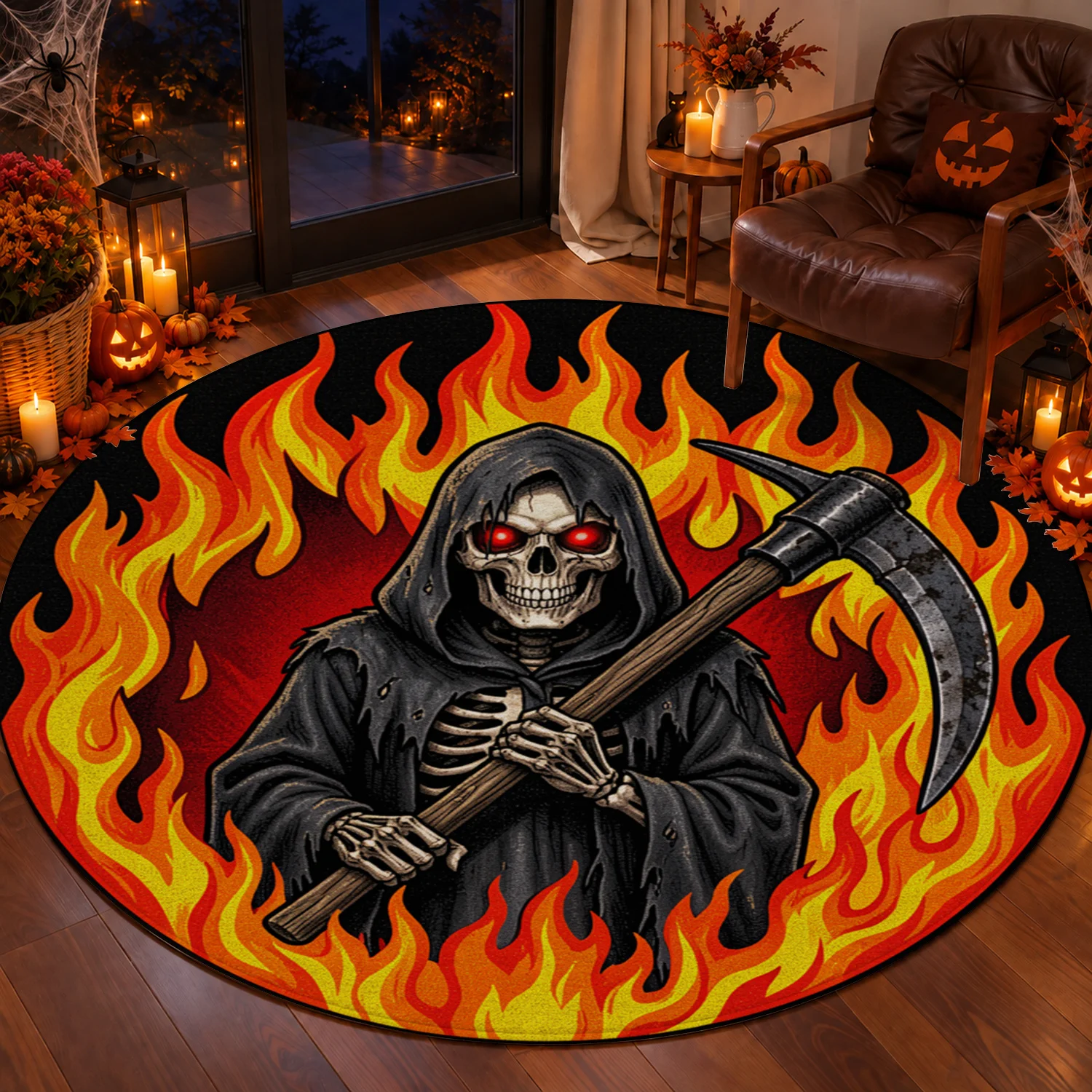 Grim Reaper with Fire Flames Velvet Area Rug Machine Washable for Living Room Bedroom Entryway Ideal for Halloween Thanksgiving Black Friday Christmas New Year
