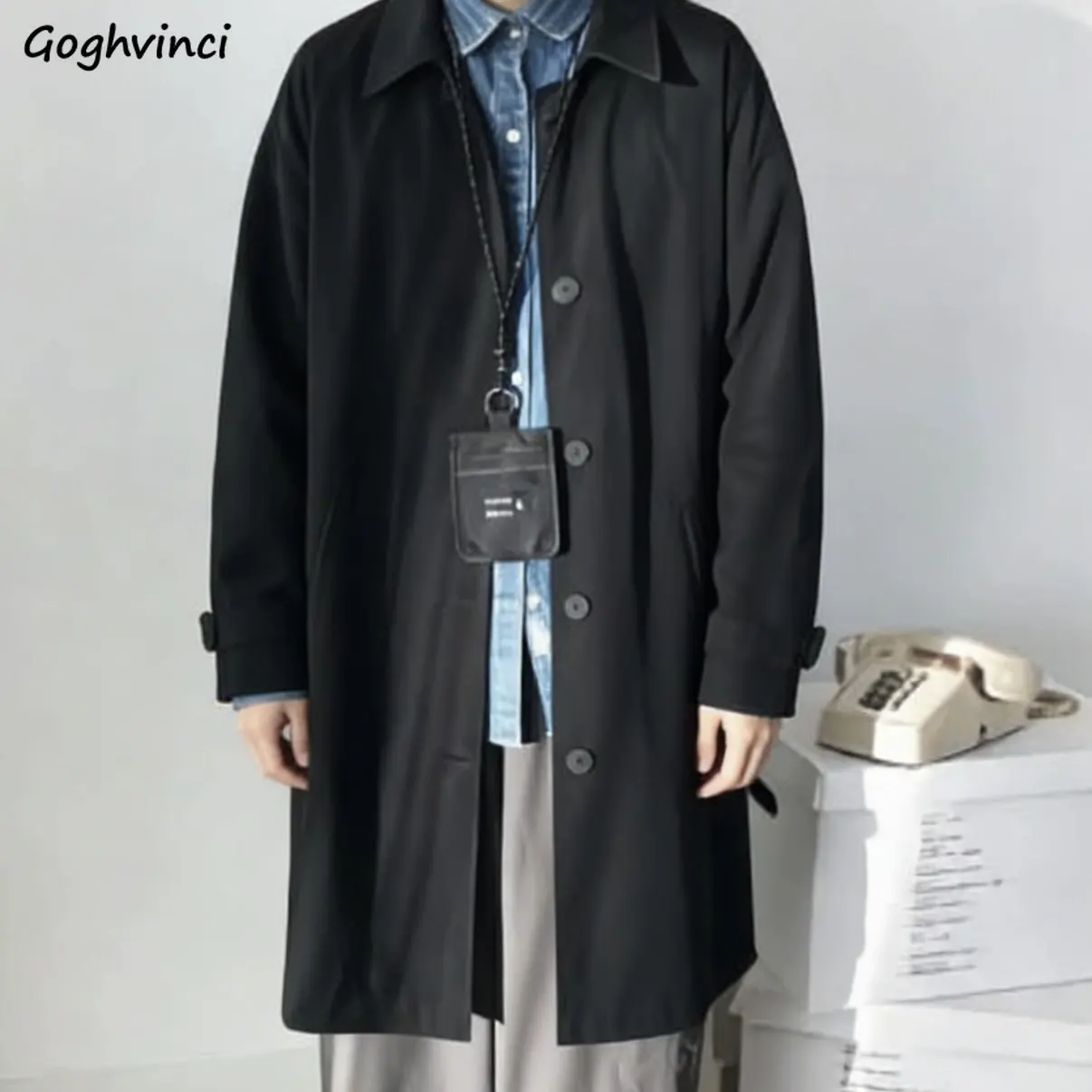 

Мужской однобортный тренч в стиле Харадзюку, длинное пальто с отложным воротником, свободная повседневная куртка в уличном стиле, универсальная модель