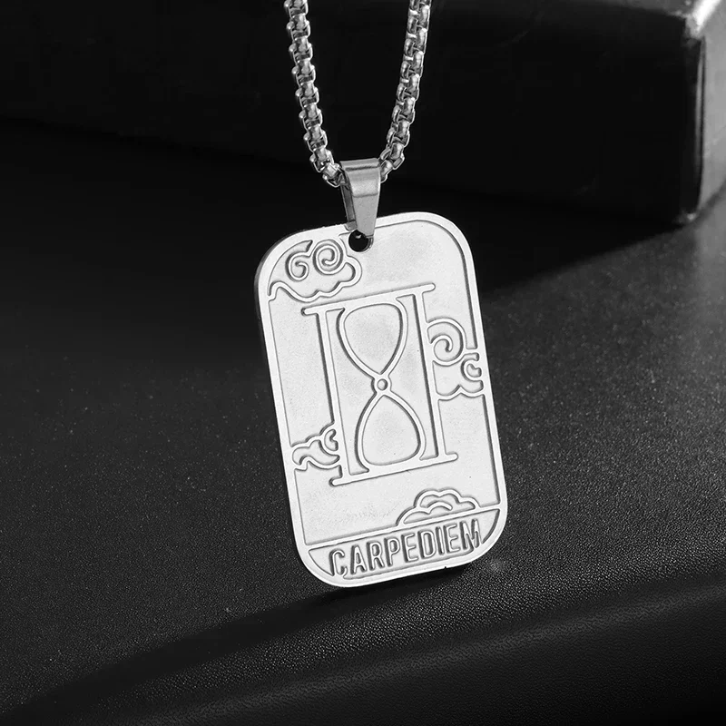 Classic Simple Square Stainless Steel Engraved Time Hourglass Pendant Necklace for Men and Women Casual Travel Souvenir Gift