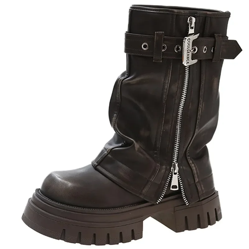 

2025 Winter Designer Women Mid-calf Boots Western Short Boots Belt Buckle Soft Leather Boots Fashion Thick Bottom Platform Shoes