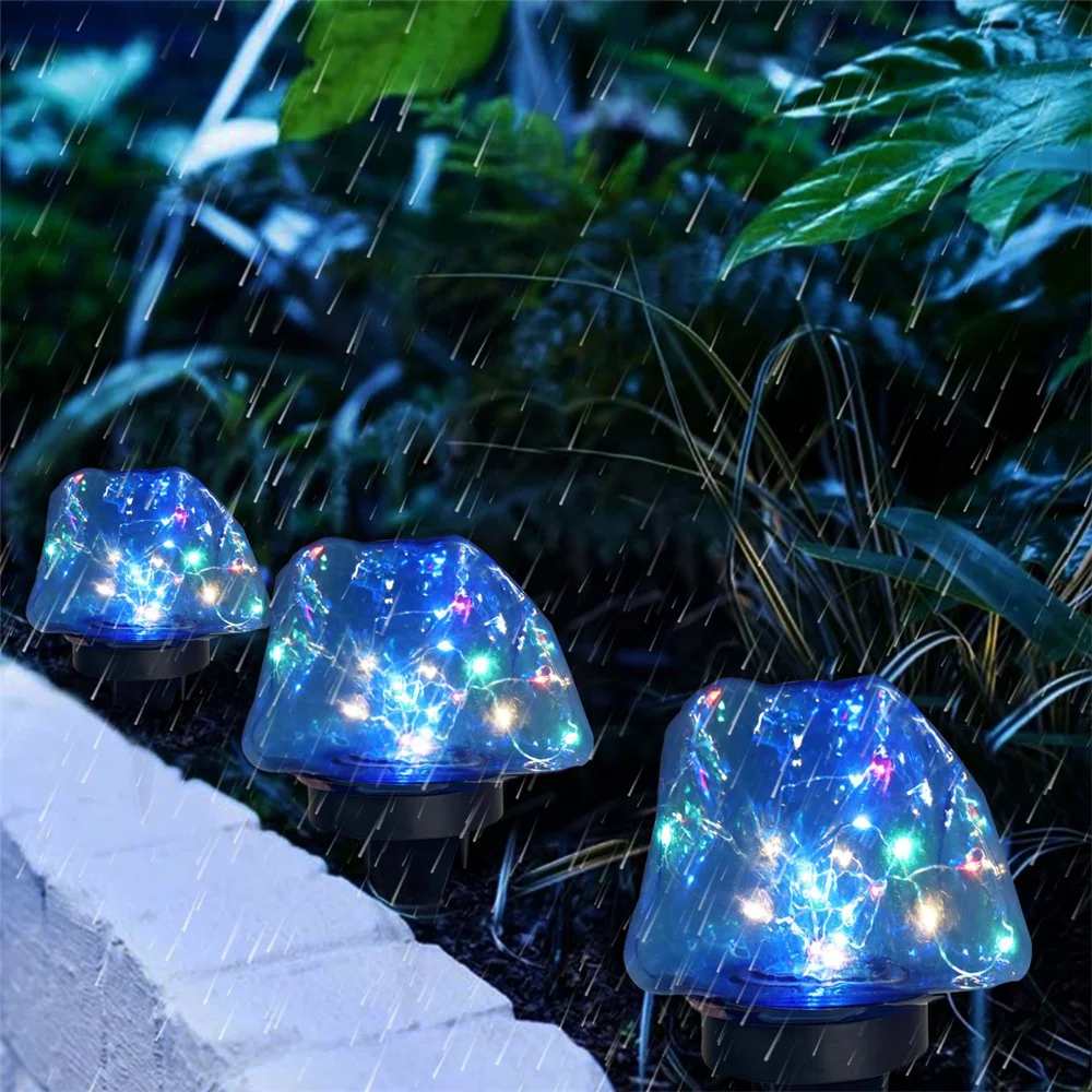RGB Color Changing Solar Powered Imitation Stone with Copper String Light Lawn Decoration for Walkway,Yard,Garden