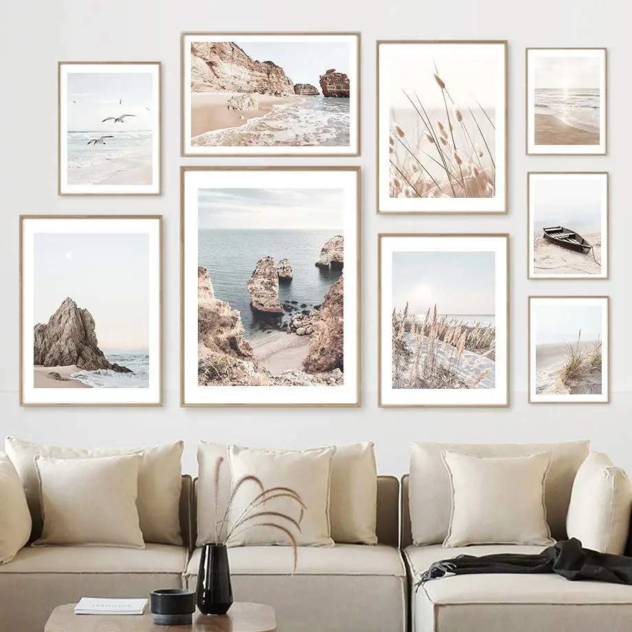 Algarve Coast Cliffs Beach Boat Beige Grass Lighthouse Nordic Posters Wall Art Print Canvas Painting Pictures Living Room Decor