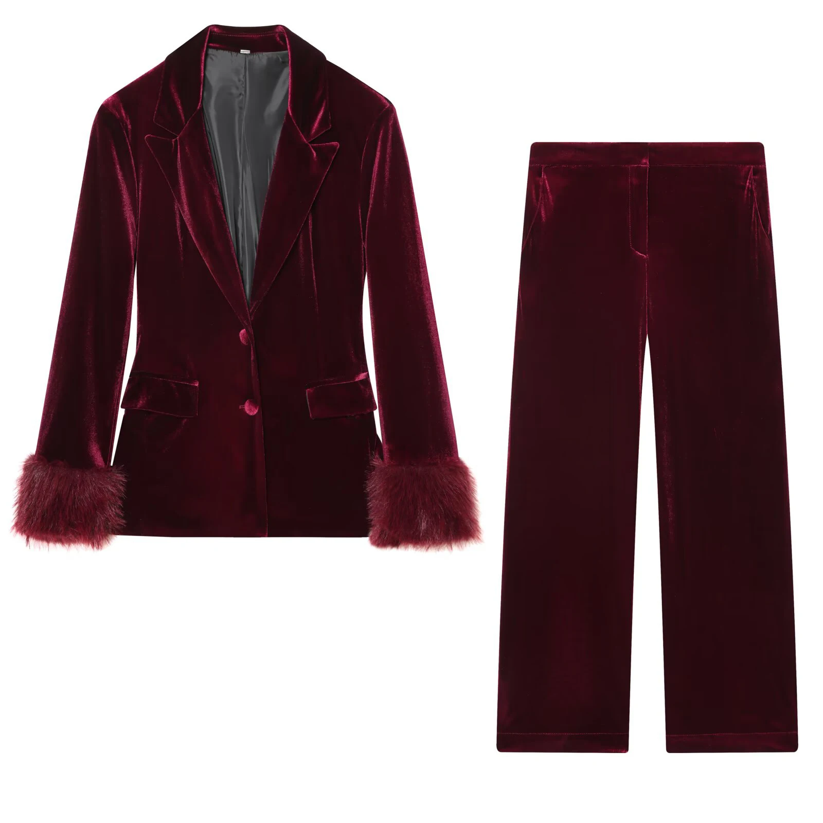 European and American style 2025 winter velvet faux fur effect cuff suit jacket high waist wide leg pants set