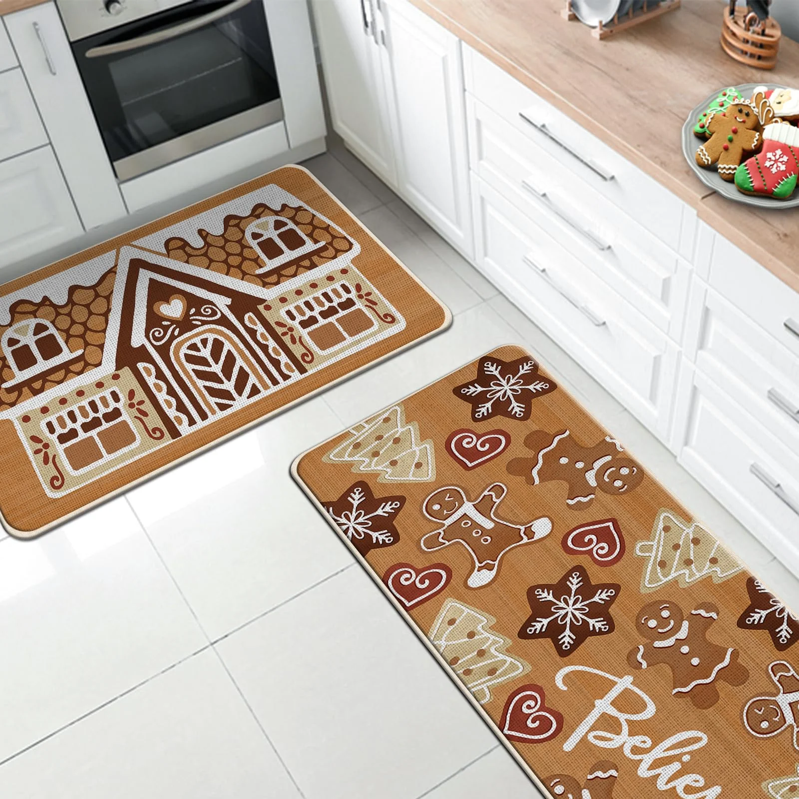 

VIKAMA 1/2pcs Christmas Gingerbread House Kitchen Carpet, Holiday Farmhouse Floor Mat, Corridor Carpet, Durable, Home Decoration