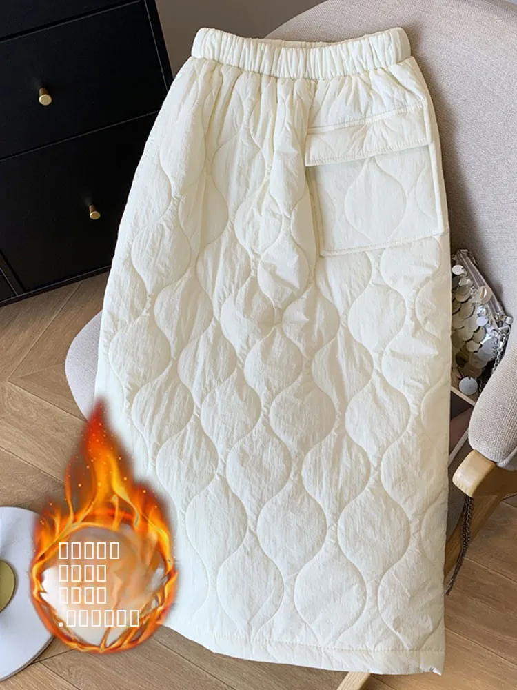

Thiened White down Cotton Skirt Women's Autumn Winter New Sle Warm ket Mid-Length Straight Cut Skirt