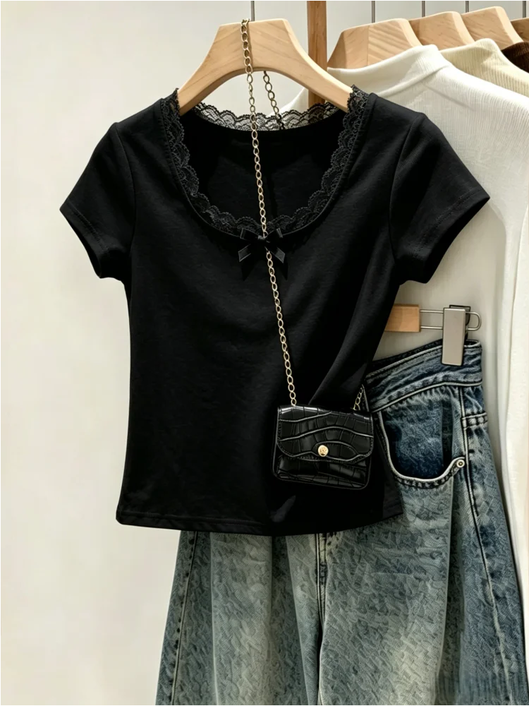 Summer New Style Women's Short Sleeve T-Shirt 95 Cotton Lace  Knot Slim Fit Large Size Comfortable Short Length Top