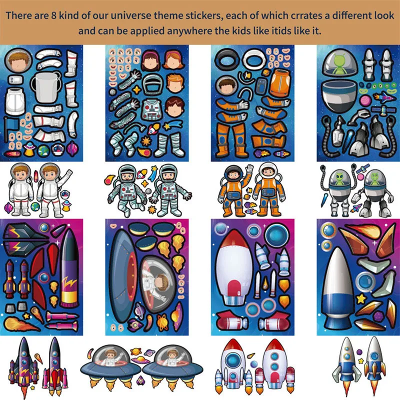 6-24sheets Space Stickers for Kids Creative Make Your Own Astronaut Stickers Children DIY Craft Make A Face Puzzle Jigsaw Gifts