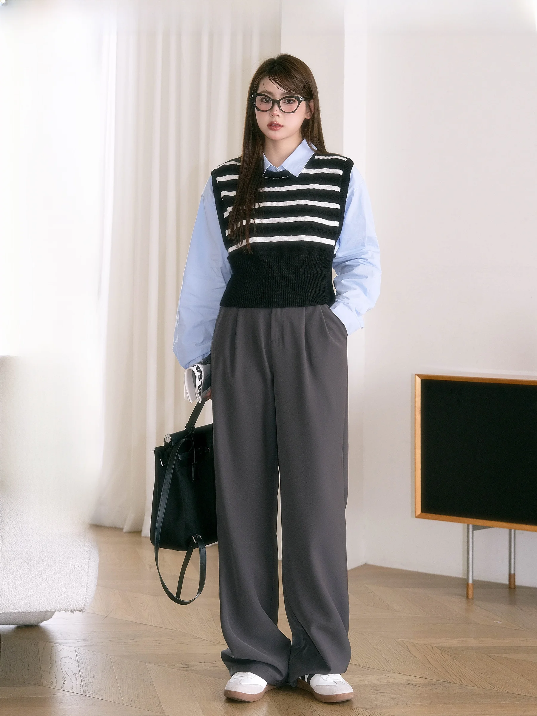 

plus Size Striped irt Women's Base Layer Knitted Sweater Top Juzhu Studio Fat MM Fake Two-Piece Long Sve Commute Sle