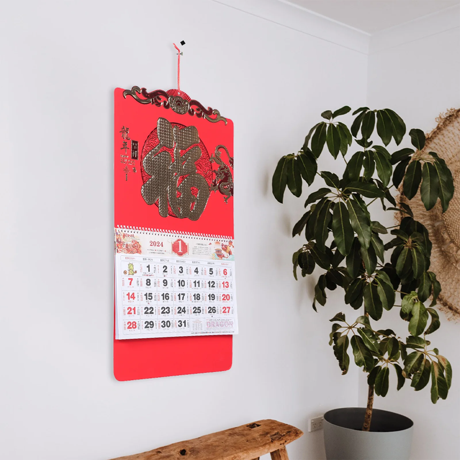 Chinese New Year Wall Calendar 2024 English Desk Positive Six Open Fluorescent Red Fu Character Hangtag Planning Office Monthly