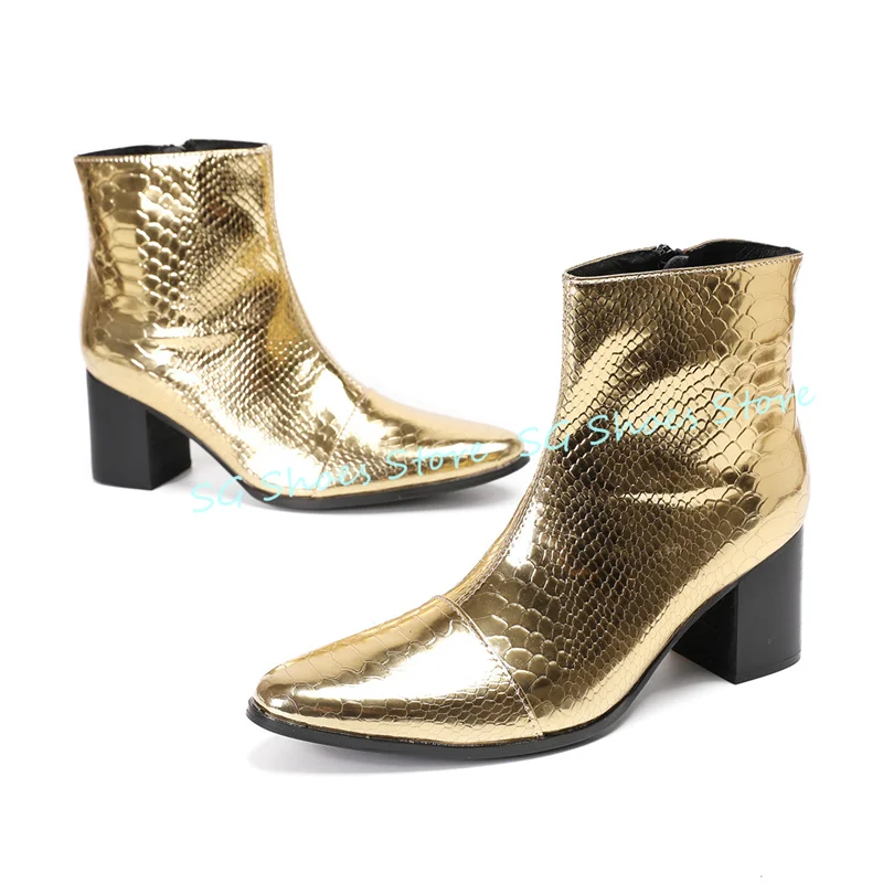 

Fashion Gentleman Genuine Leather Mid-calf Boots 6cm High Heel Round Toe Snakeskin Pattern Chelsea Boots Male Summer Dress Shoes